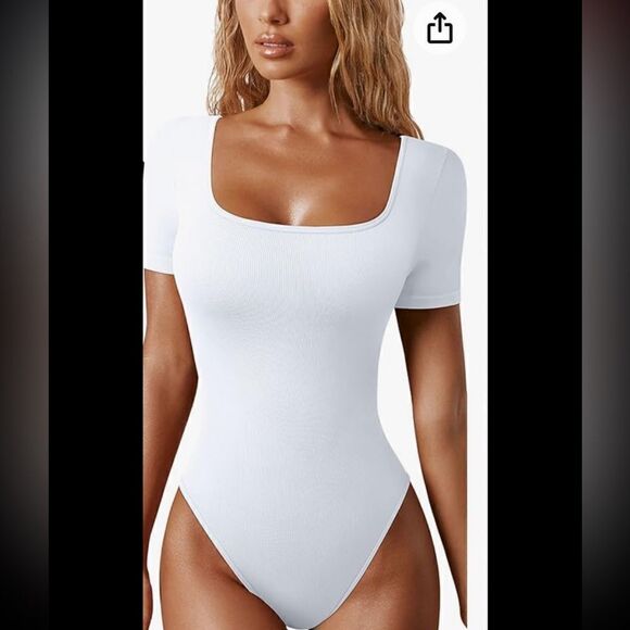 Bodysuits Sexy Ribbed One Piece Square Neck Short Sleeve Bodysuit - Picture 1 of 8